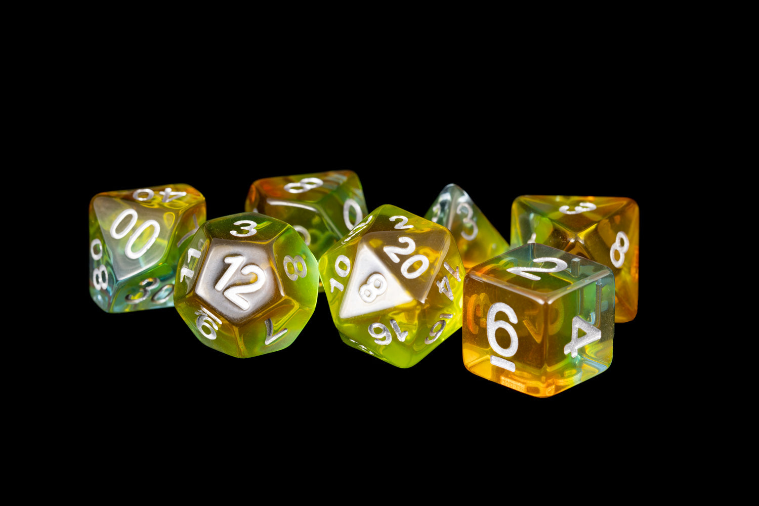 Metallic Dice Games Aurora Yellow/White 7ct Polyhedral Dice Set Dice FanRoll by Metallic Dice Games