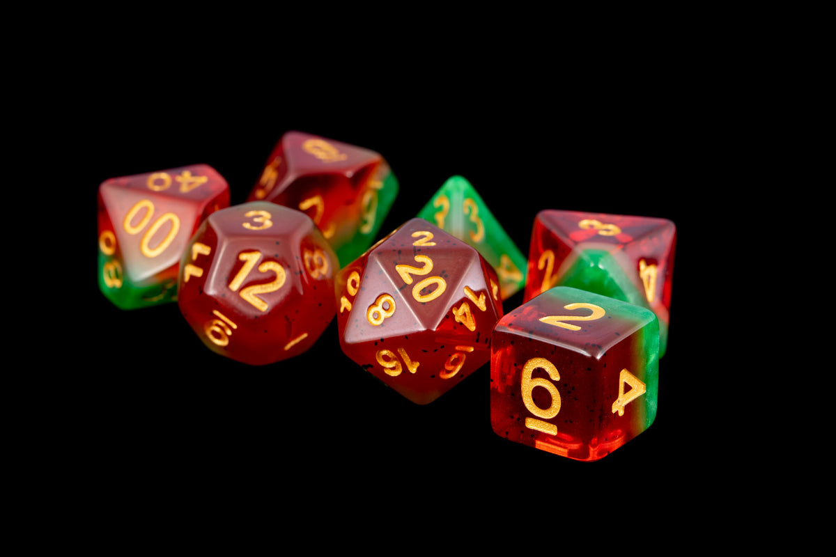 Metallic Dice Games Layered Watermelon/Gold 7ct Polyhedral Dice Set Dice FanRoll by Metallic Dice Games