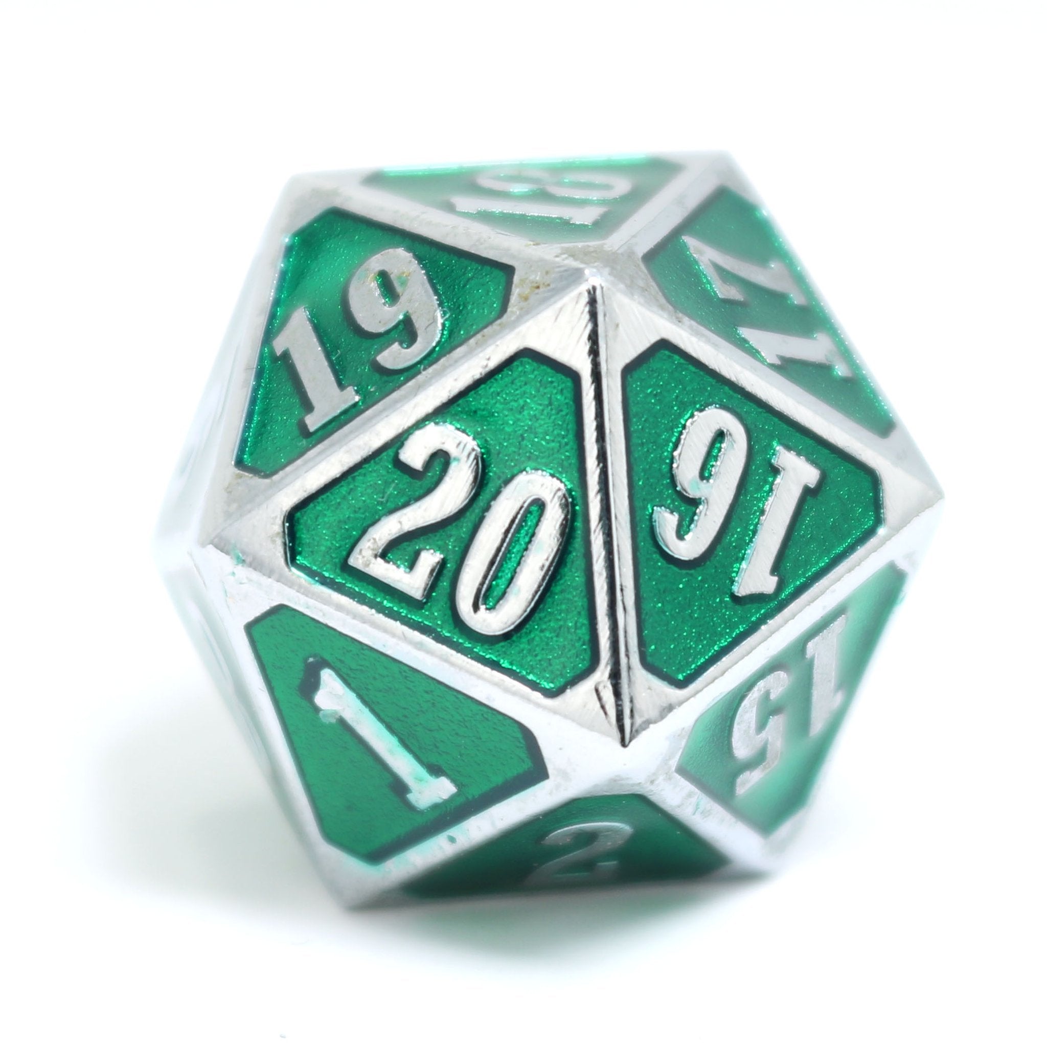 Die Hard Dice Metal Spindown D20 Shiny Silver Emerald Dice Die Hard Dice