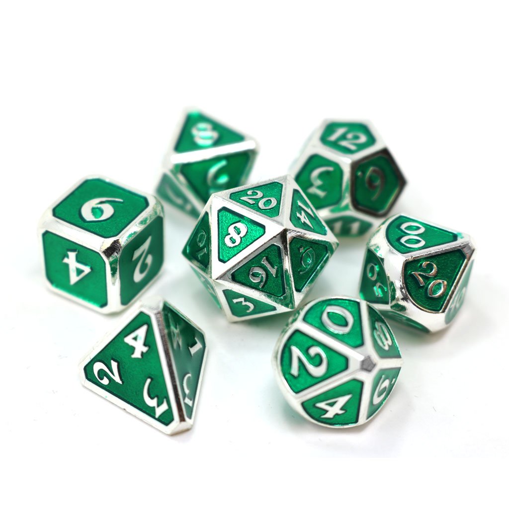 Die Hard Dice Metal Mythica Platinum Emerald 7ct Polyhedral Set Dice Die Hard Dice