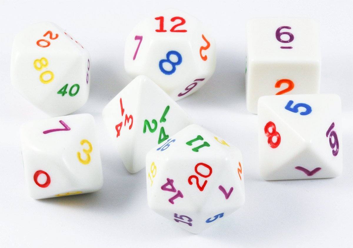 Koplow White with Rainbow Ink 7ct Polyhedral Set Dice Koplow Games