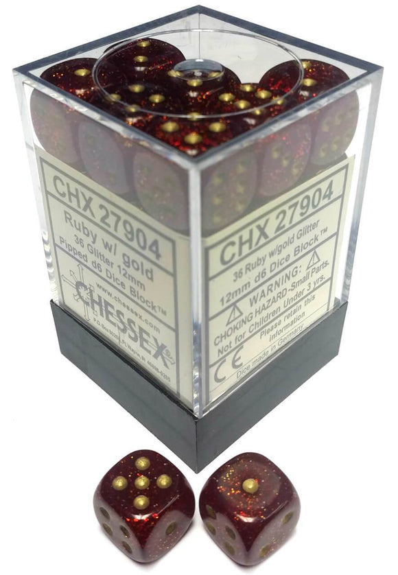 Chessex 12mm Glitter Ruby/Gold 36ct D6 Set (27904) Dice Chessex   