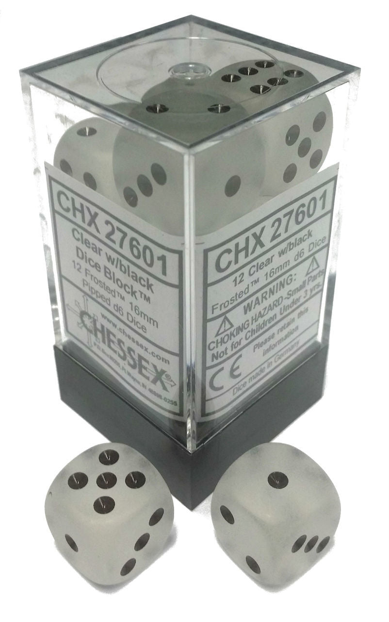 Chessex 16mm Frosted Clear/Black 12ct D6 Set (27601) Dice Chessex   