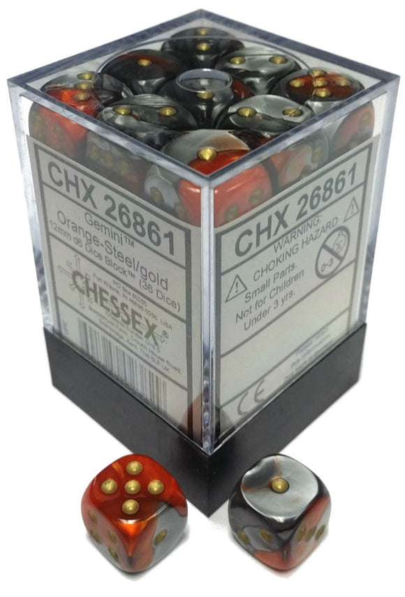 Chessex 12mm Gemini Orange-Steel/Gold 36ct D6 Set (26861) Home page Other   