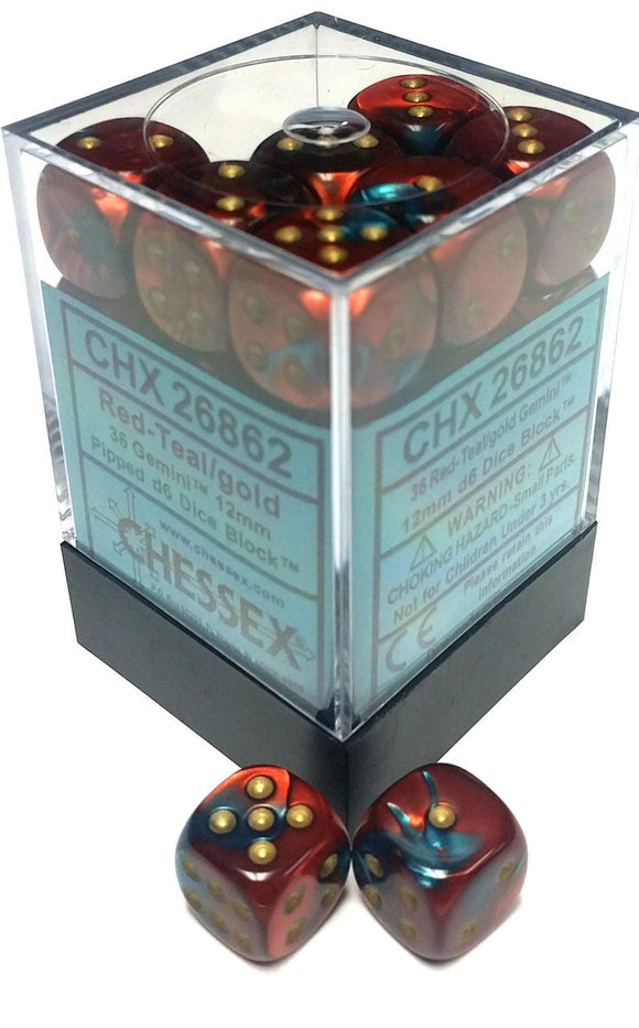 Chessex 12mm Gemini Red-Teal/Gold 36ct D6 Set (26862) Dice Chessex   