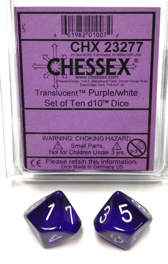 Chessex Translucent Purple/White 10ct D10 Set (23277) Dice Chessex   
