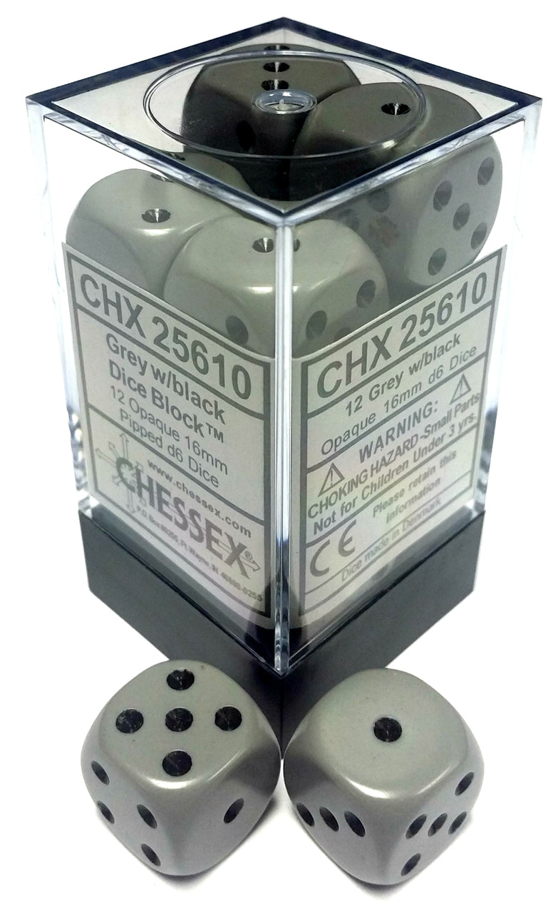 Chessex 16mm Opaque Dark Grey/Black 12ct D6 Set (25610) Dice Chessex   