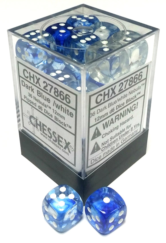 Chessex 12mm Nebula Dark Blue/White 36ct D6 Set (27866) Dice Chessex   