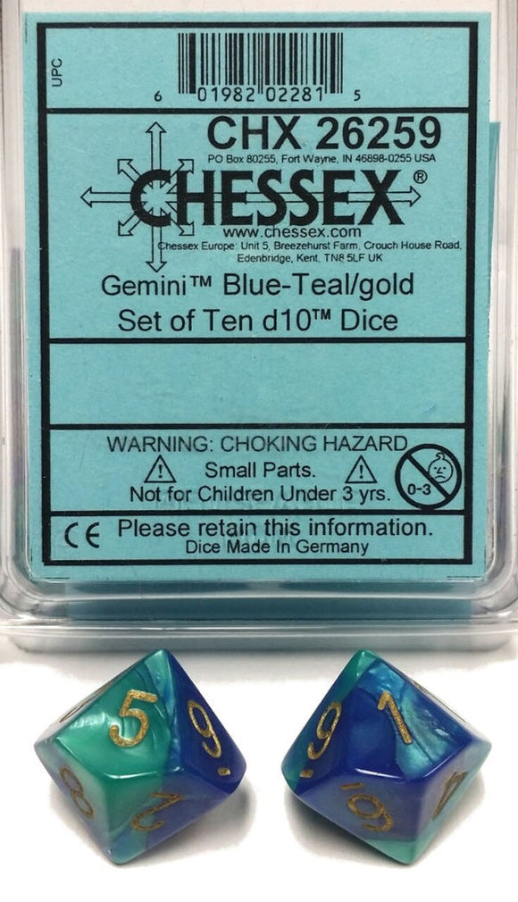 Chessex Gemini Blue-Teal/Gold 10ct D10 Set (26259) Dice Chessex   