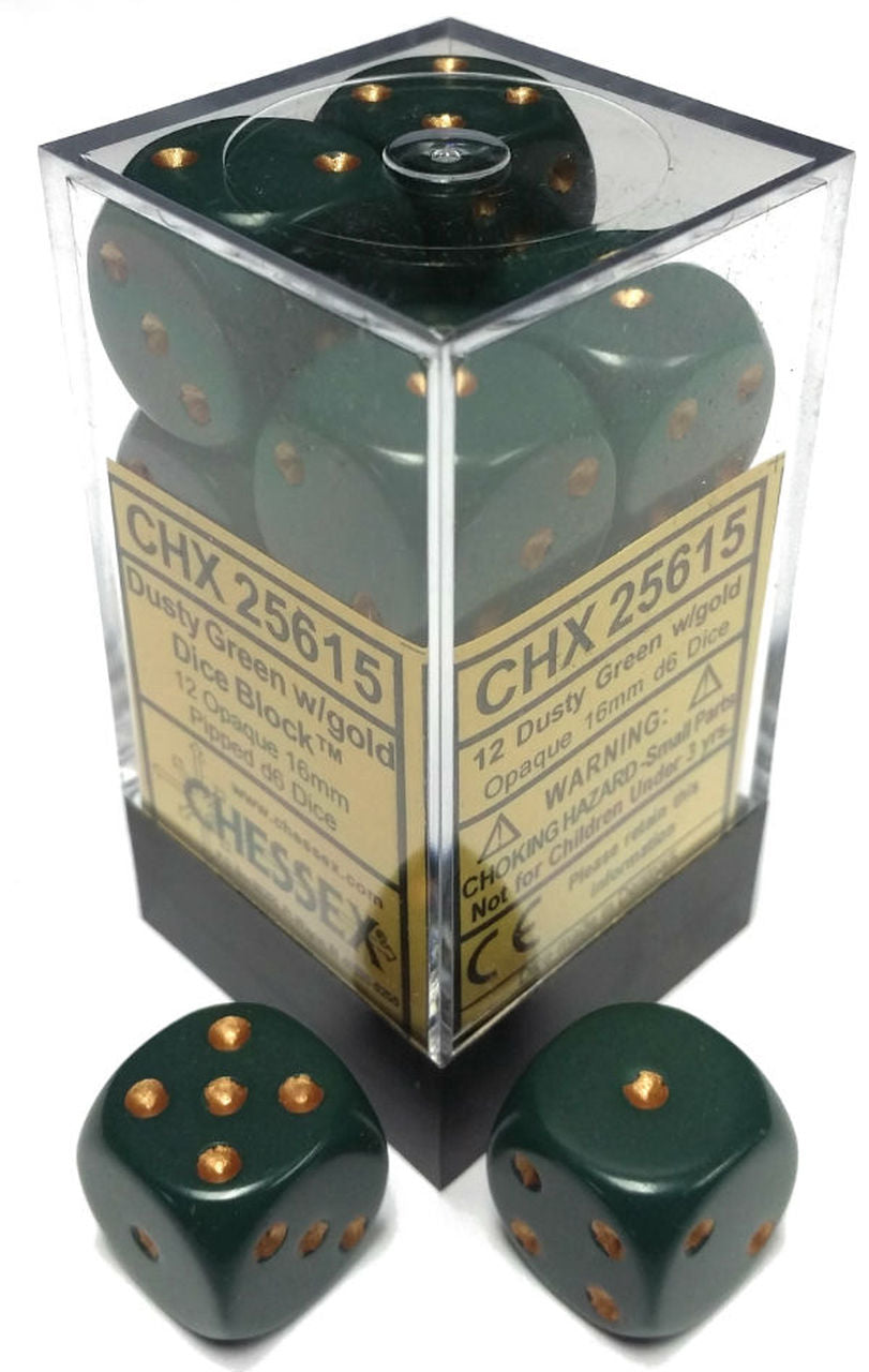 Chessex 16mm Opaque Dusty Green/Gold 12ct D6 Set (25615) Dice Chessex   