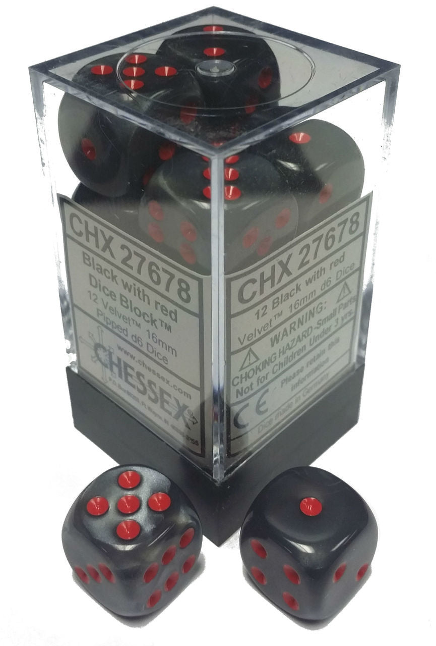 Chessex 16mm Velvet Black/Red 12ct D6 Set (27678) Dice Chessex   