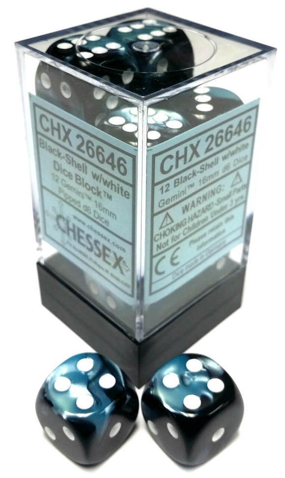 Chessex 16mm Gemini Black Shell/White 12ct D6 Set (26646) Dice Chessex   