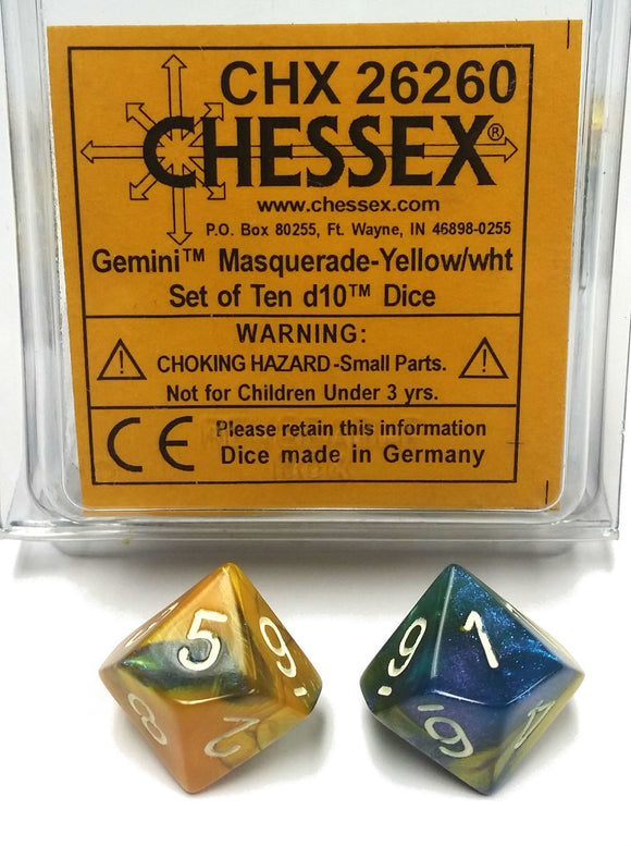 Chessex Gemini Masquerade-Yellow/White 10ct D10 Set (26260) Dice Chessex   