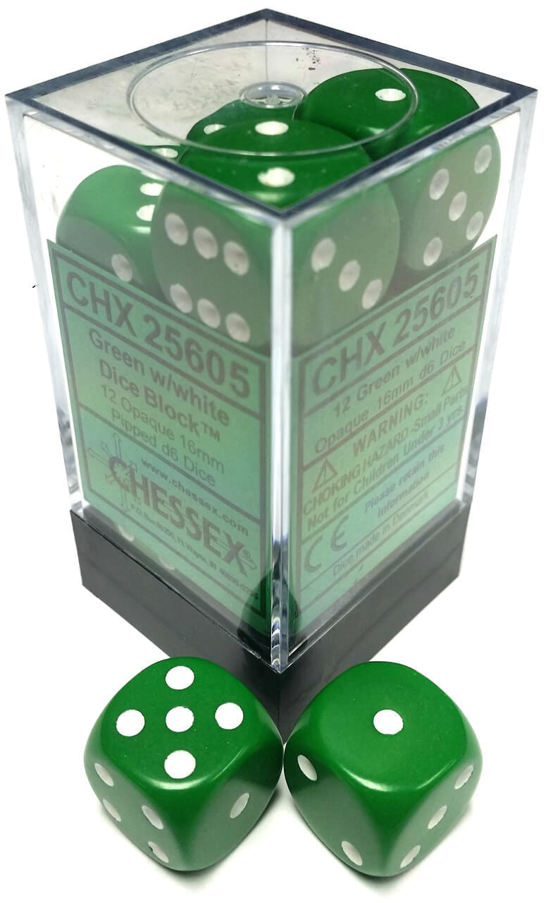 Chessex 16mm Opaque Green/White 12ct D6 Set (25605) Dice Chessex   