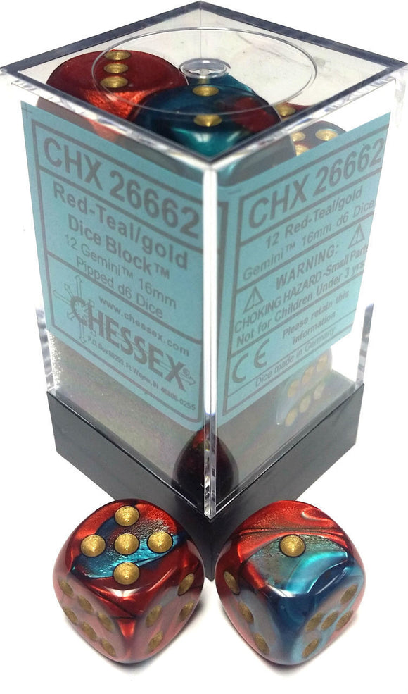 Chessex 16mm Gemini Red-Teal/Gold 12ct D6 Set (26662) Dice Chessex   