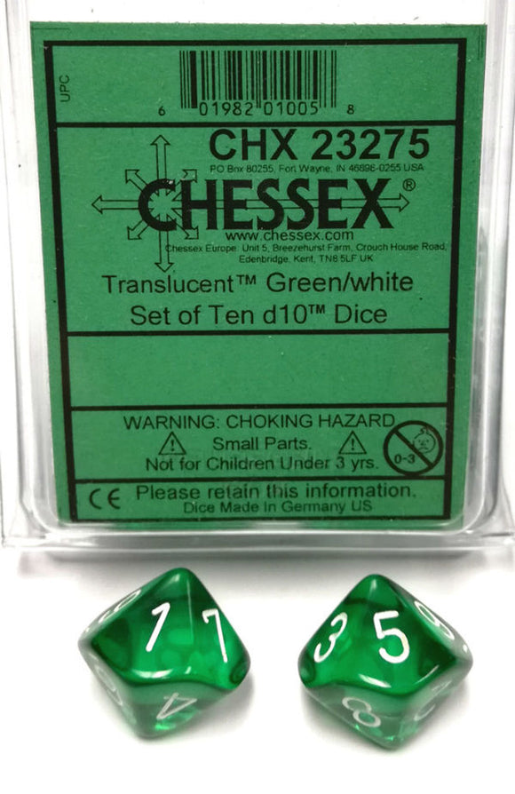 Chessex Translucent Green/White 10ct D10 Set (23275) Dice Chessex   
