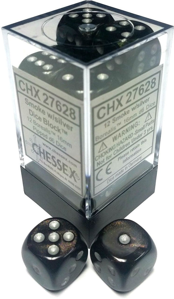Chessex 16mm Borealis Smoke/Silver 12ct D6 Set (27628) Dice Chessex   