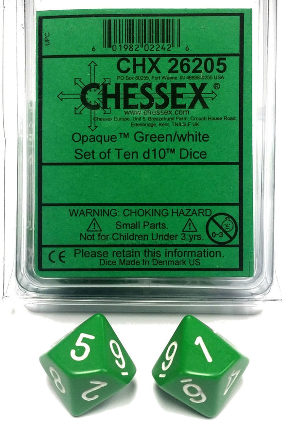 Chessex Opaque Green/White 10ct D10 Set (26205) Dice Chessex   