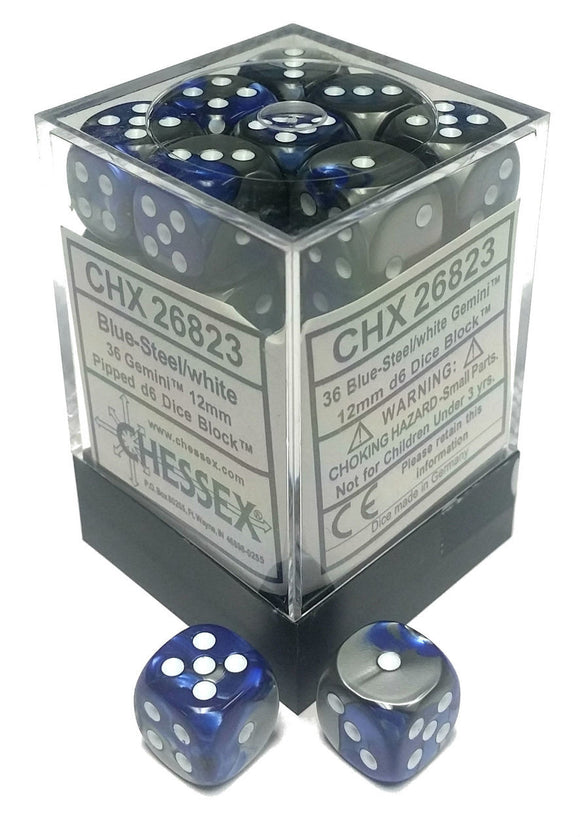 Chessex 12mm Gemini Blue Steel/White 36ct D6 Set (26823) Dice Chessex   