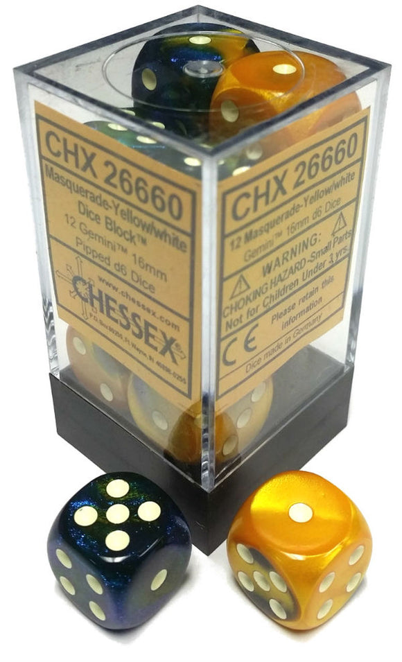 Chessex 16mm Gemini Masquerade-Yellow/White 12ct D6 Set (26660) Dice Chessex   