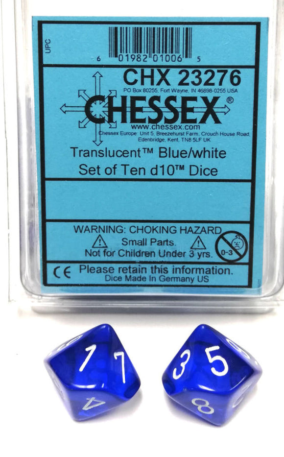 Chessex Translucent Blue/White 10ct D10 Set (23276) Dice Chessex   