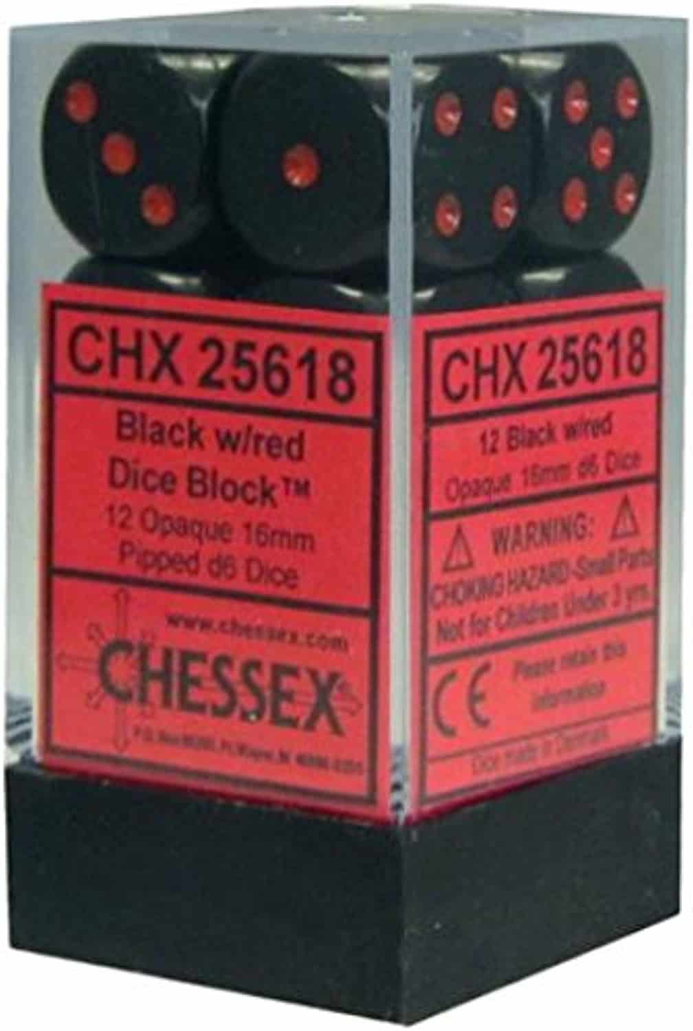 Chessex 16mm Opaque Black/Red 12ct D6 Set (25618) Dice Chessex   