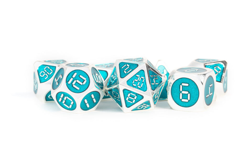 Metallic Dice Games Metal Silver with Teal Enamel Digital 7ct Polyhedral Dice Set Dice FanRoll by Metallic Dice Games