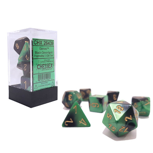 Chessex Gemini Black-Green/Gold 7ct Polyhedral Set (26439) Dice Chessex   