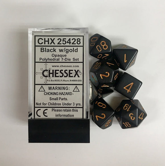 Chessex Opaque Black/Gold 7ct Polyhedral Set (25428) Dice Chessex   