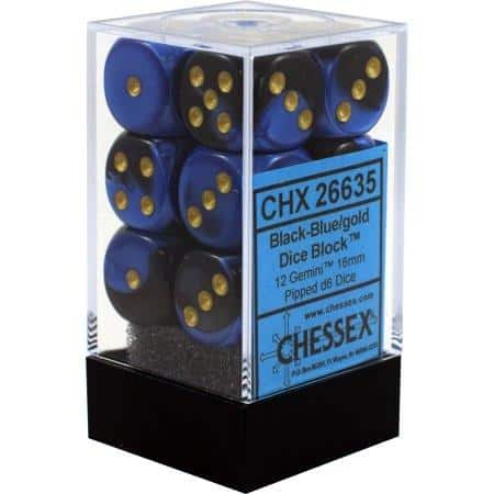 Chessex 16mm Gemini Black Blue/Gold 12ct D6 Set (26635) Dice Other   
