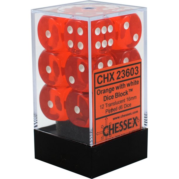 Chessex 16mm Translucent Orange/White 12ct D6 Set (23603) Dice Chessex   