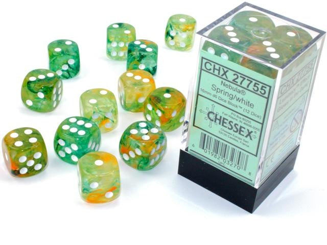 Chessex 16mm Nebula Spring/White Luminary 12ct D6 Set (27755) Dice Chessex   