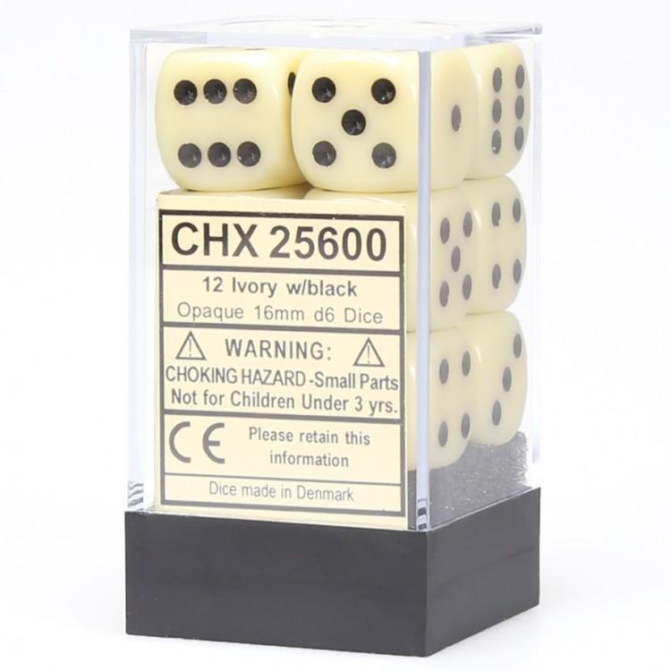 Chessex 16mm Opaque Ivory/Black 12ct D6 Set (25600) Dice Chessex   