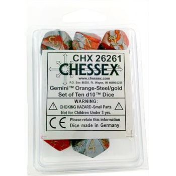 Chessex Gemini Orange-Steel/Gold 10ct D10 Set (26261) Dice Chessex   
