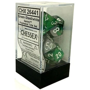Chessex Gemini Green-Steel/White 7ct Polyhedral Set (26441) Dice Chessex   