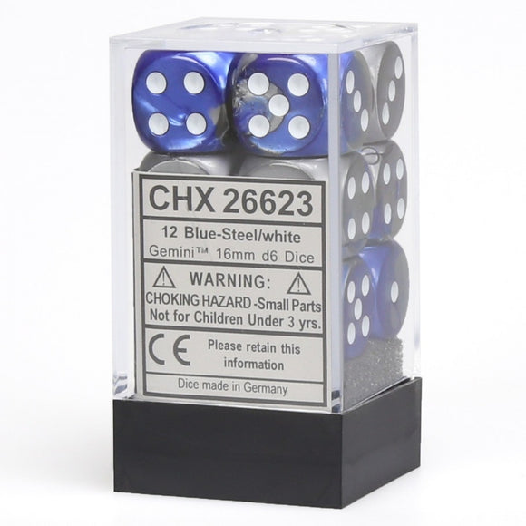 Chessex 16mm Gemini Blue-Steel/White 12ct D6 Set (26623) Dice Chessex   
