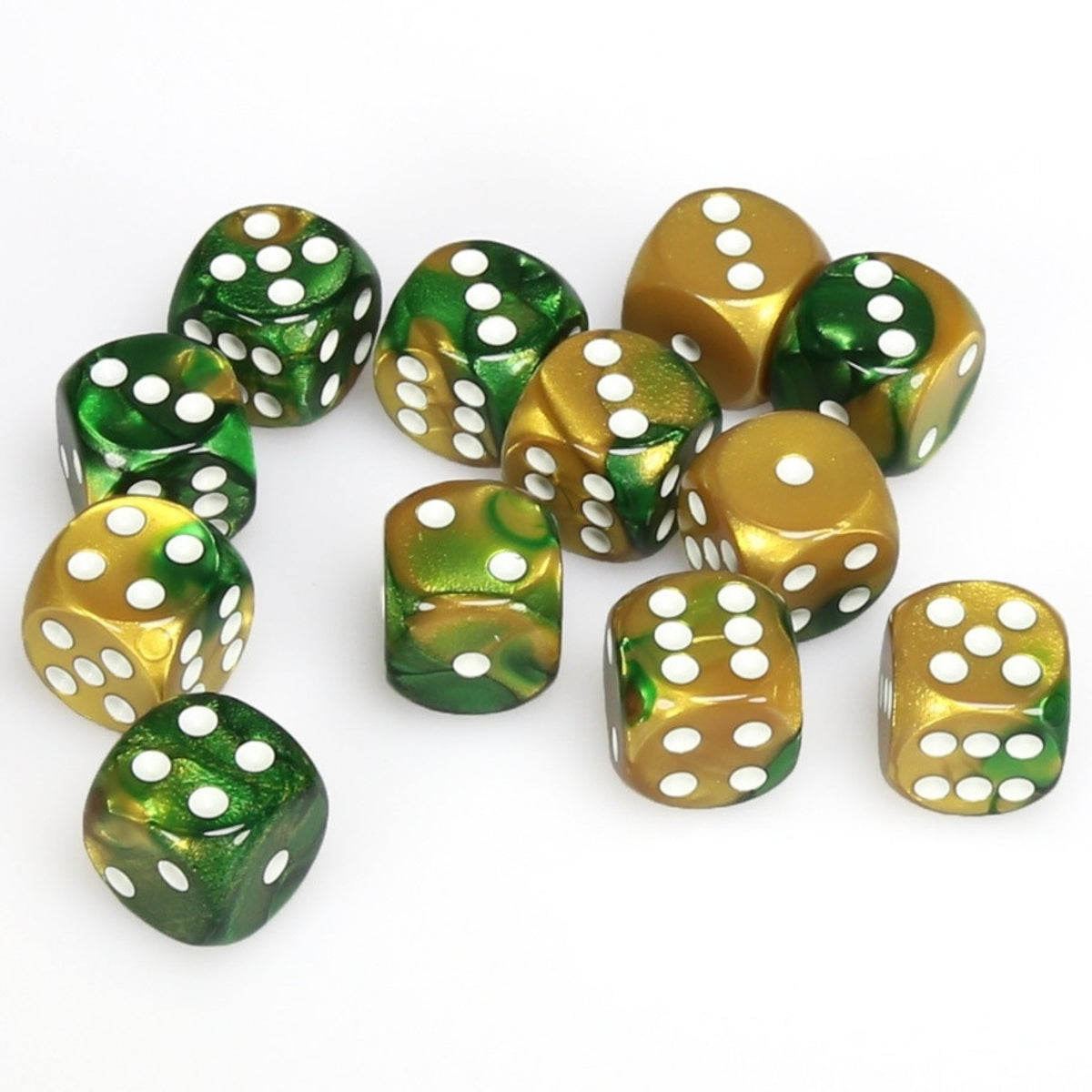 Chessex 16mm Gemini Gold-Green/White 12ct D6 Set (26625) Dice Chessex   