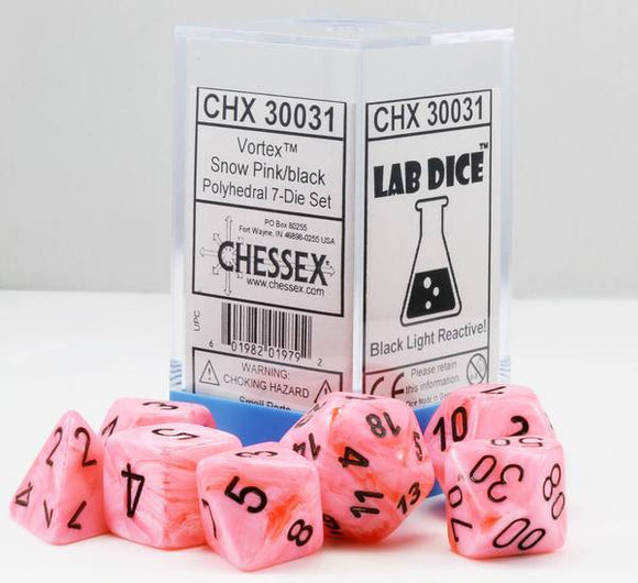 Chessex Lab Vortex Snow Pink/Black 7ct Polyhedral Set (30031) Dice Chessex   