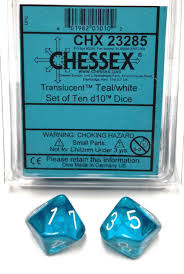 Chessex Translucent Teal/White 10ct D10 Set (23285) Dice Chessex   