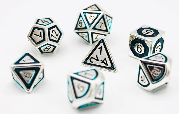 Silver and Teal Compass 7ct Metal Polyhedral Dice Set Dice Other