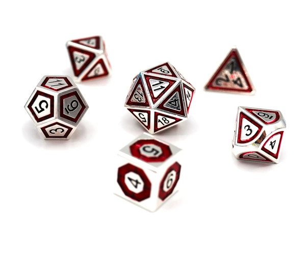 Silver and Crimson Compass 7ct Metal Polyhedral Dice Set Dice Other