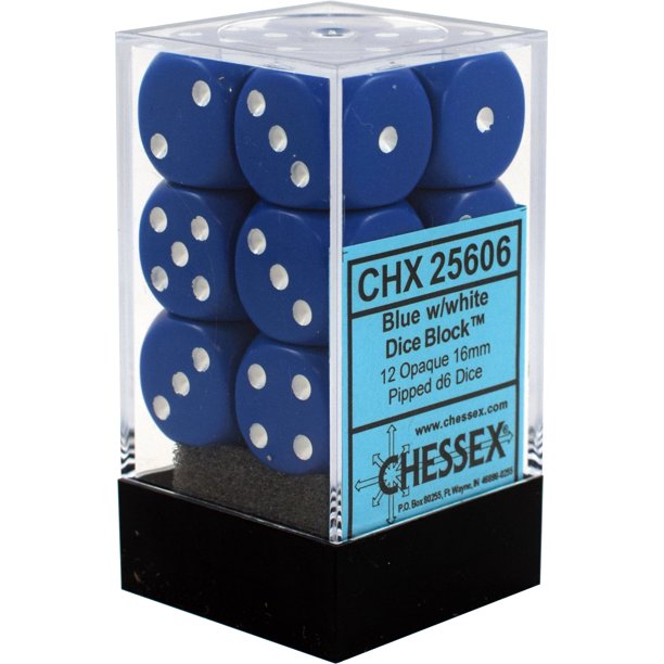 Chessex 16mm Opaque Blue/White 12ct D6 Set (25606) Dice Chessex   
