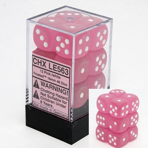 Chessex 16mm Frosted Pink/White 12ct D6 Set (LE563) Dice Chessex   
