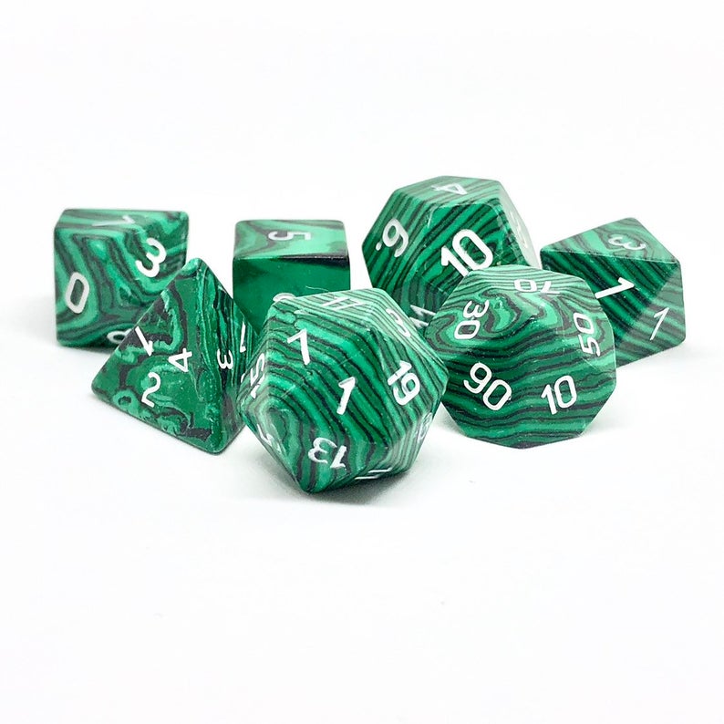 Malachite Semi-Precious Gemstone 7ct Polyhedral Dice Set Dice Norse Foundry
