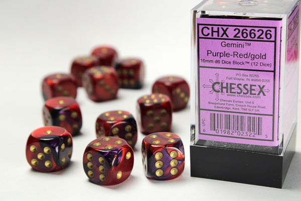 Chessex Gemini D&D Dice Set - Purple, Red & Gold 16mm Polyhedral Dice (12 Dice)