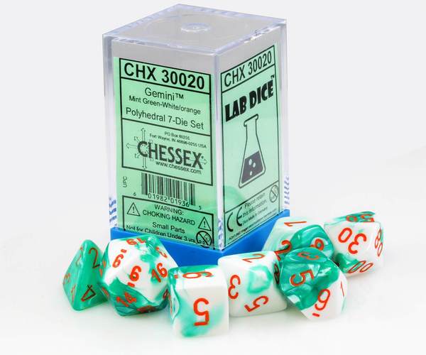 Chessex Lab Gemini Mint-White/Orange 7ct Polyhedral Set (30020) Dice Chessex   