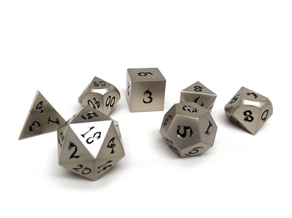 Easy Roller Metal Dice of Ancient Dragons Silver/Black 7ct Polyhedral Set Dice Easy Roller Dice