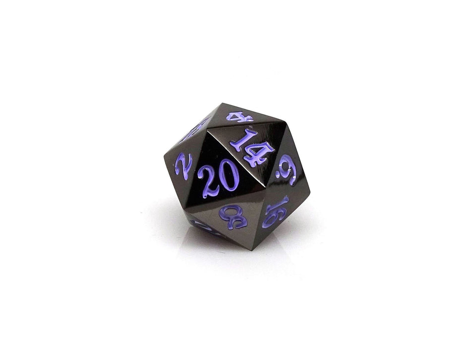 Easy Roller Single Gunmetal D20 with Purple Signature Font Dice Easy Roller Dice