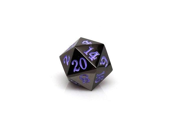 Easy Roller Single Gunmetal D20 with Purple Signature Font  Easy Roller Dice   