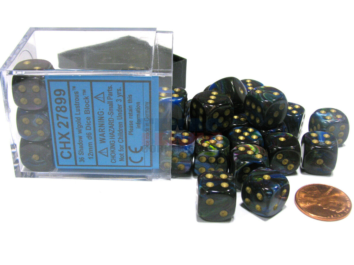 Chessex 12mm Lustrous Shadow/Gold 36ct D6 Set (27899) Dice Chessex   